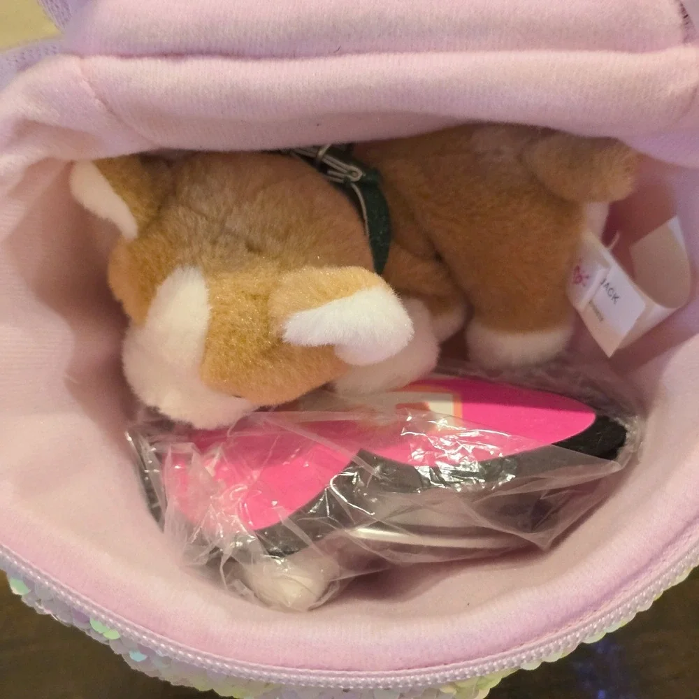 2017 Gund Justice Pet Shop Corgi Jack Plush Dog Sequin Carrier Set Accessories
